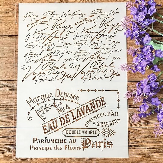 A4 Reusable French Words Stencil for Painting - Vintage Script Layering Template, DIY Wall Art, Wood Furniture, Scrapbook & Crafts (8.3x11.7inch)